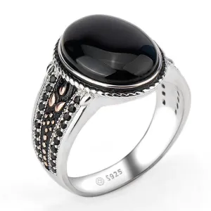 Silver Oval Black Agate with Black CZ Vintage Ring