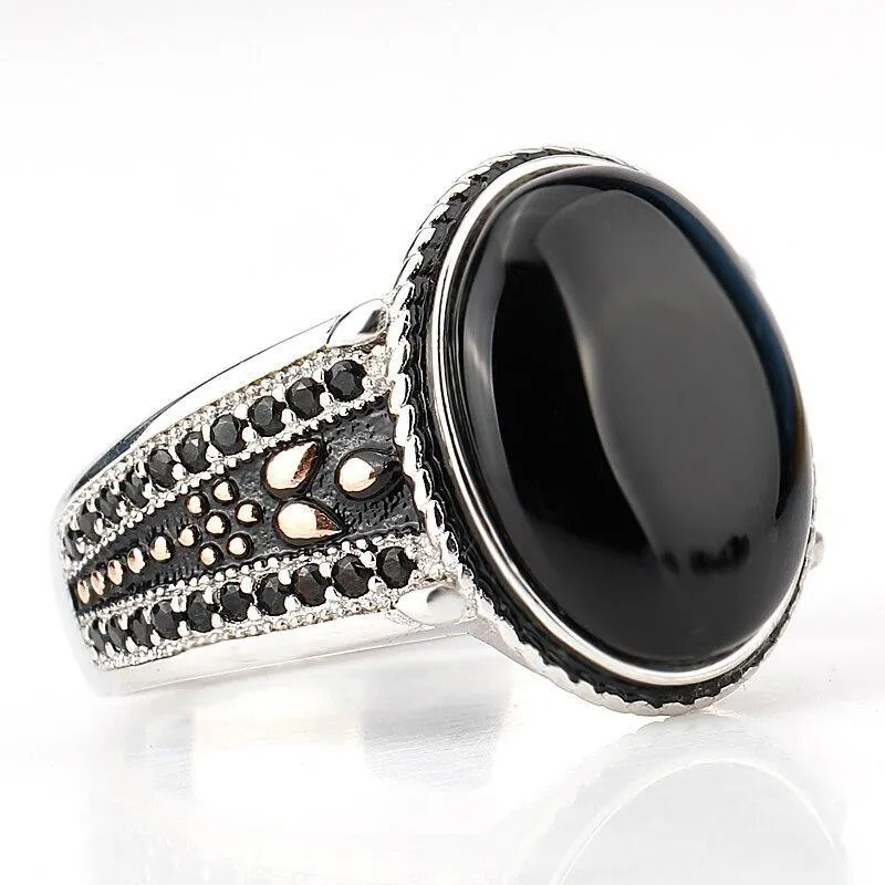 Silver Oval Black Agate with Black CZ Vintage Ring