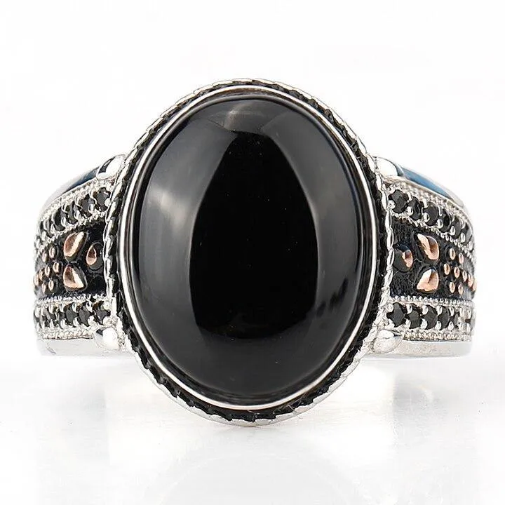 Silver Oval Black Agate with Black CZ Vintage Ring