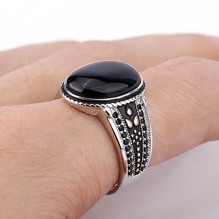 Silver Oval Black Agate with Black CZ Vintage Ring