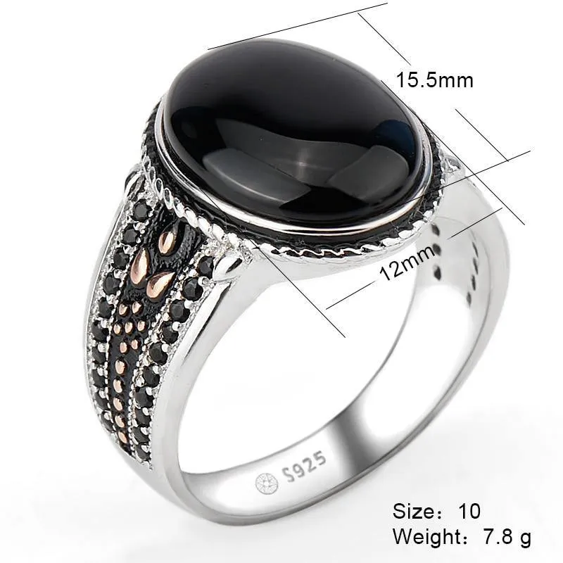 Silver Oval Black Agate with Black CZ Vintage Ring