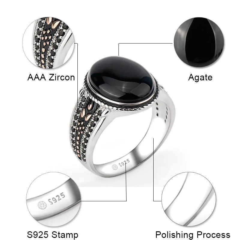 Silver Oval Black Agate with Black CZ Vintage Ring