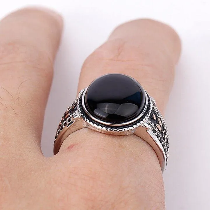 Silver Oval Black Agate with Black CZ Vintage Ring