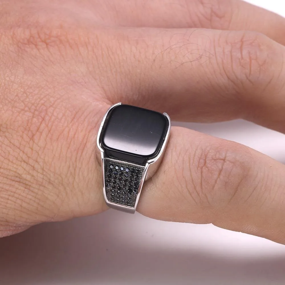 Silver Square Black Agate Natural Stone Ring
