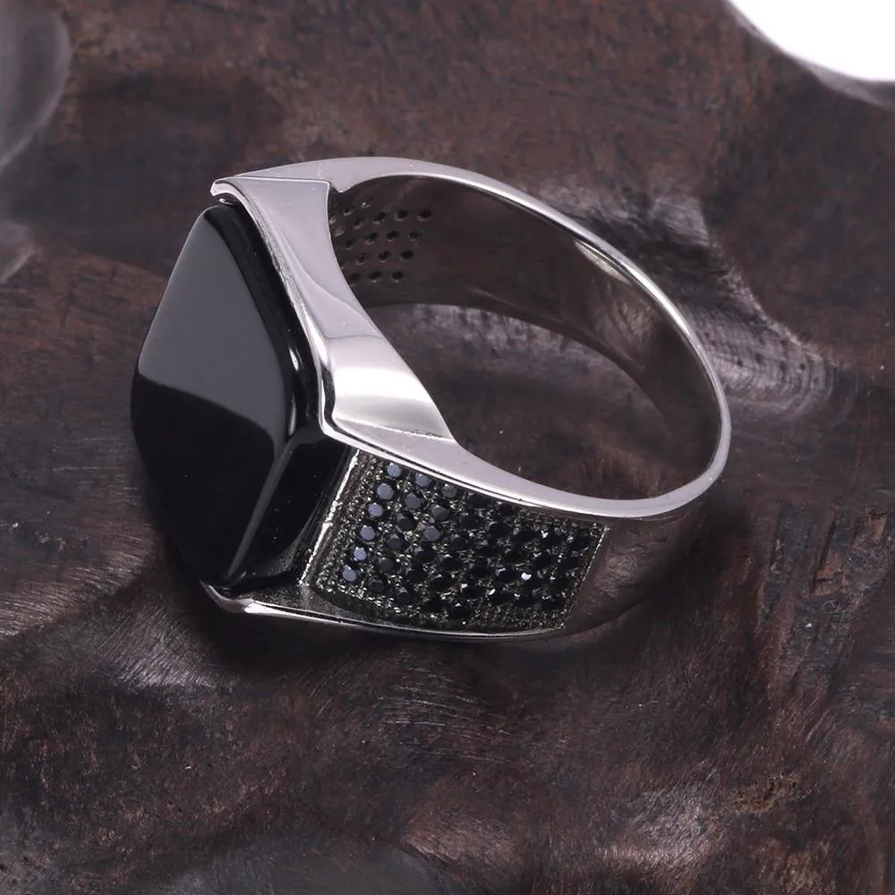 Silver Square Black Agate Natural Stone Ring