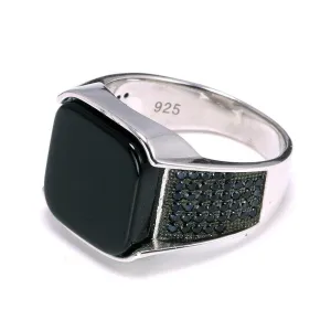 Silver Square Black Agate Natural Stone Ring