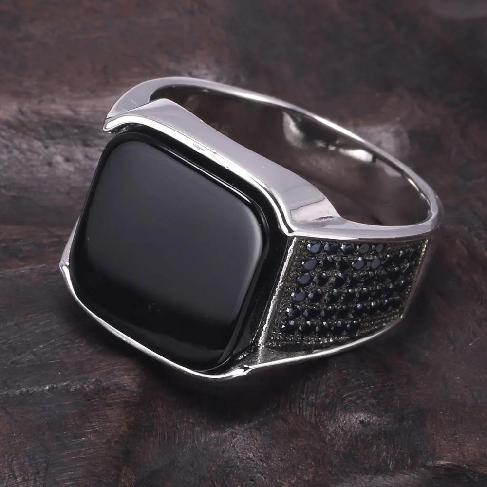 Silver Square Black Agate Natural Stone Ring