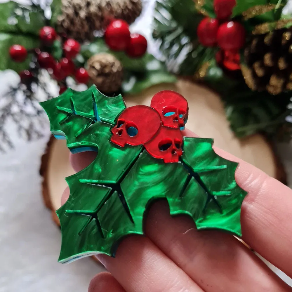 Skull Holly Brooch by Cherryloco