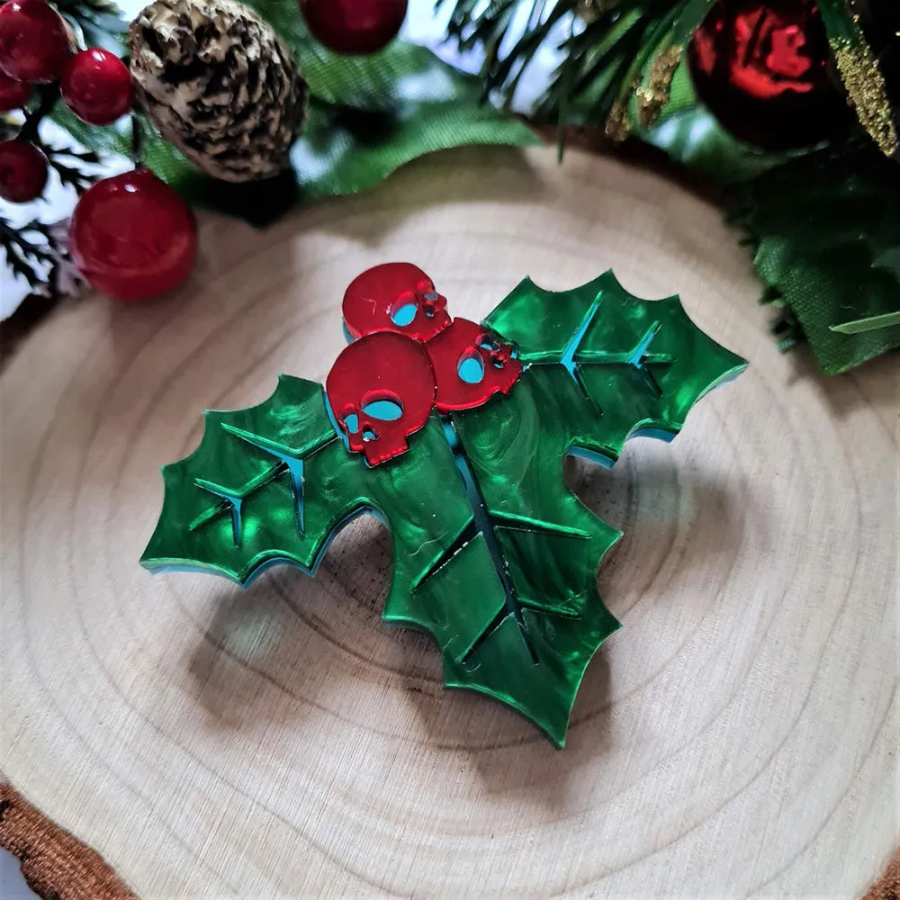 Skull Holly Brooch by Cherryloco