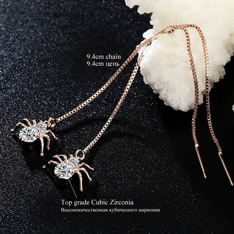 Spider Gold Plated Round Cut Clear Cubic Zirconia Long Dangle Earrings Jewelry for Women