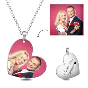 Stainless Steel Personalized Heart Color Photo&Text Necklace Adjustable 16”-20”