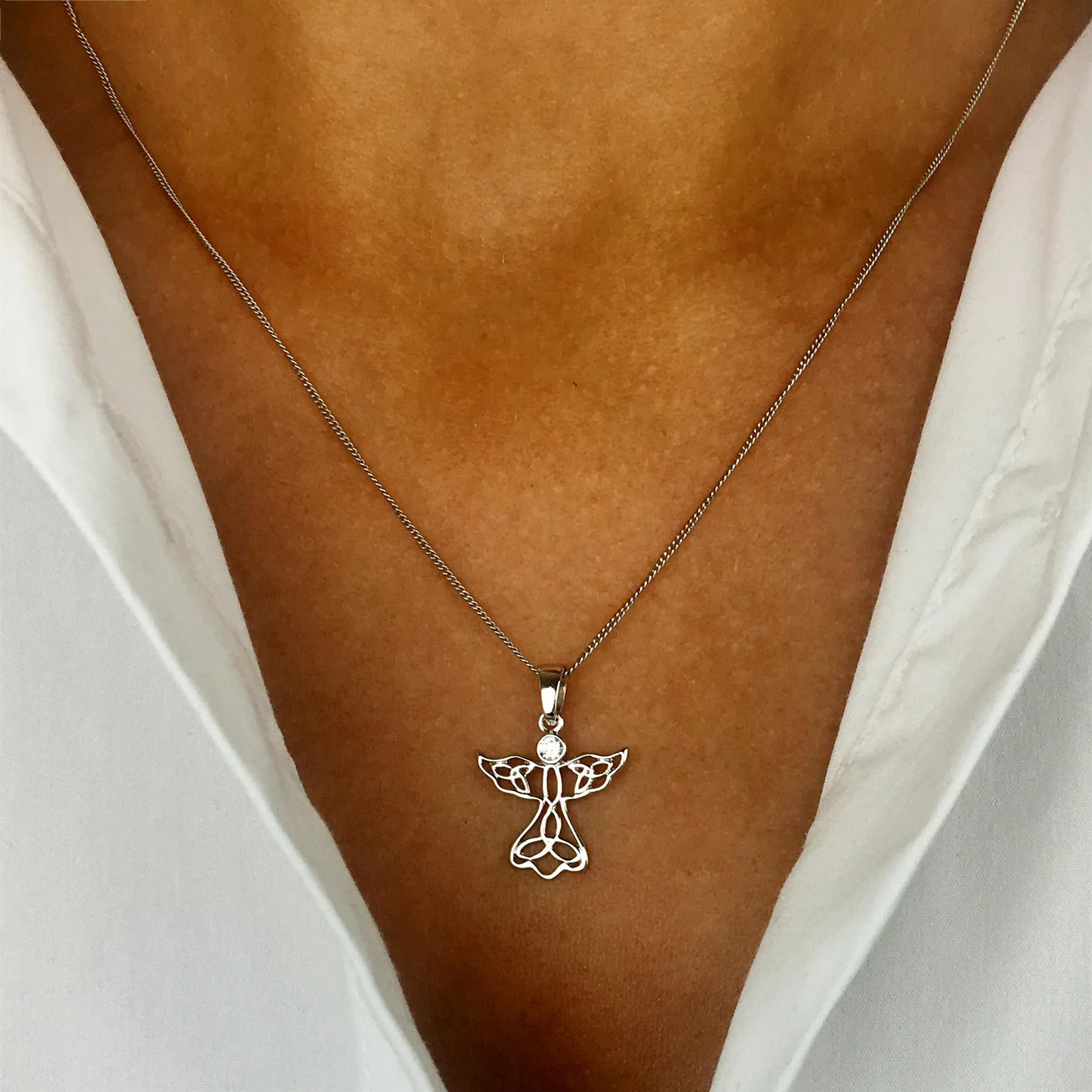 Sterling Silver Cubic Zirconia Cut-Out Angel Pendant Necklace w/ Chain