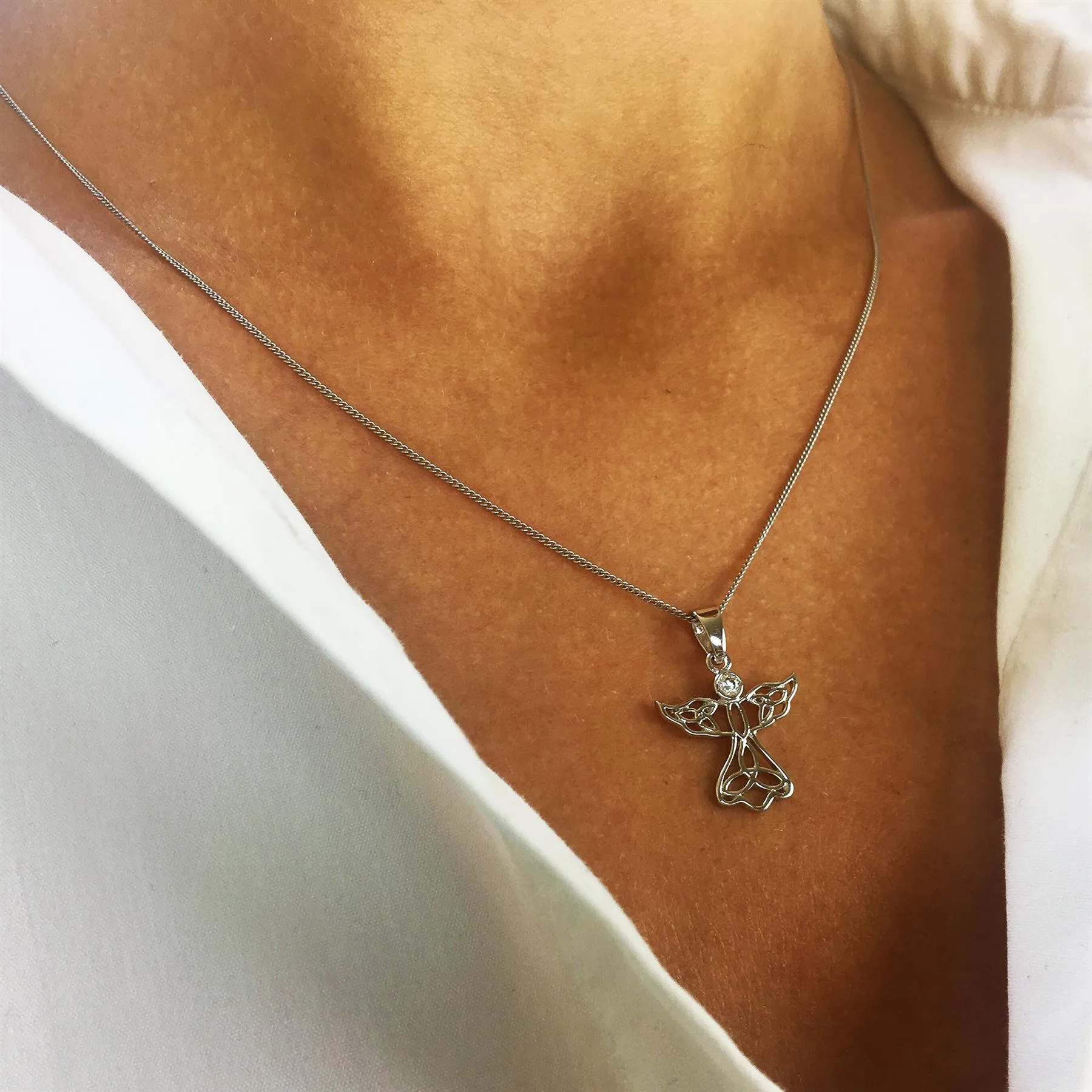 Sterling Silver Cubic Zirconia Cut-Out Angel Pendant Necklace w/ Chain