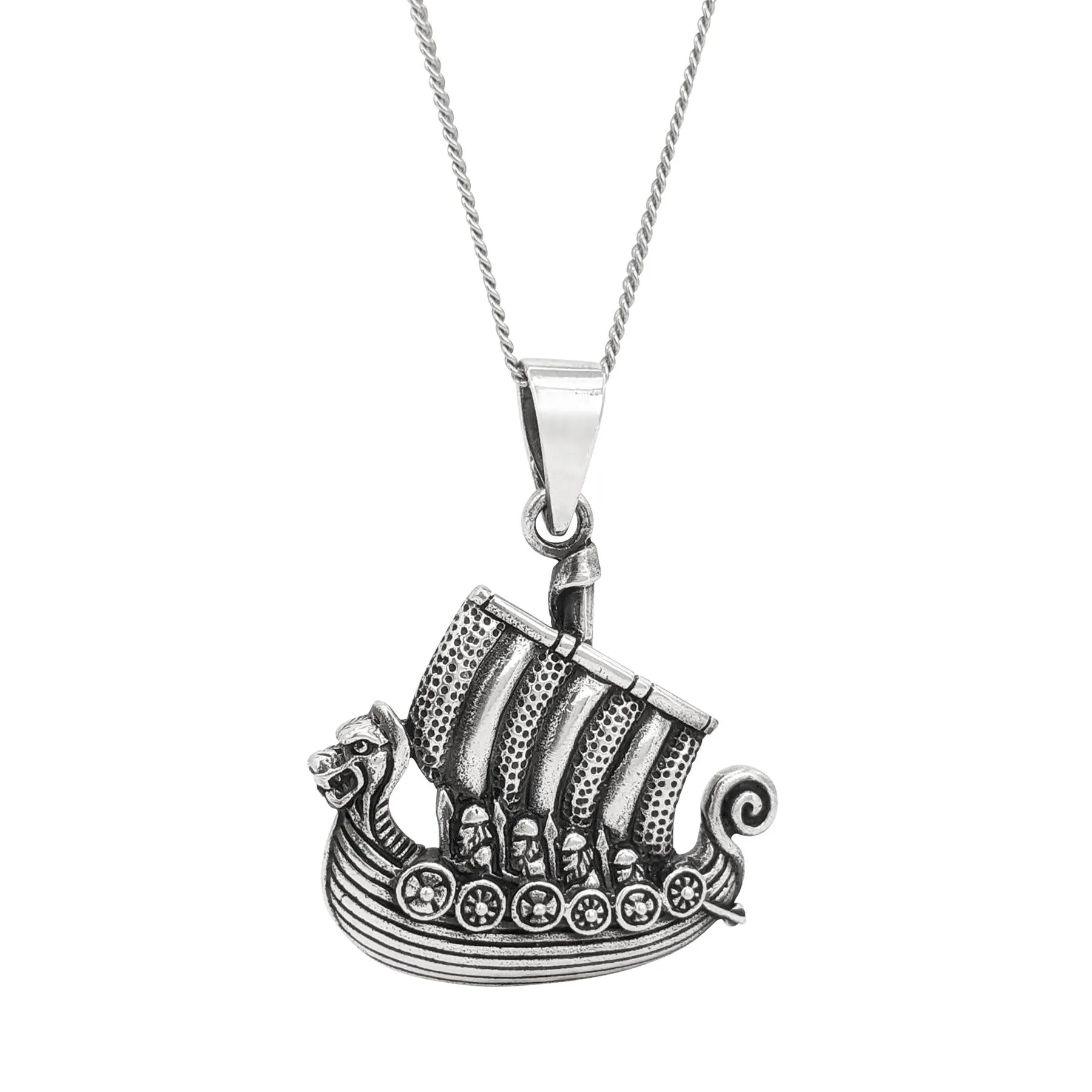Sterling Silver Large Viking Dragon Ship Pendant - Norse Necklace