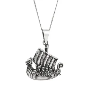 Sterling Silver Large Viking Dragon Ship Pendant - Norse Necklace