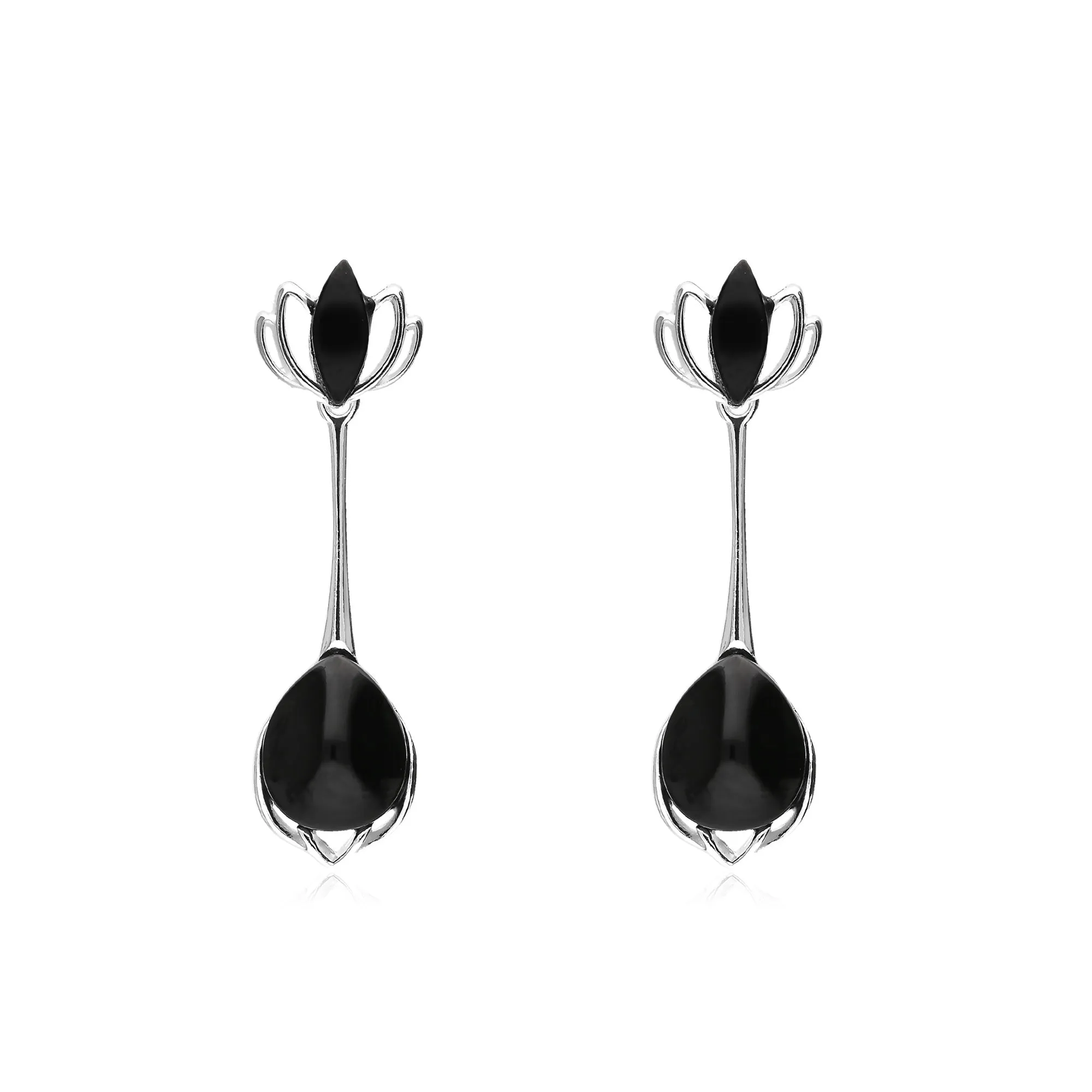 Sterling Silver Whitby Jet Lotus Flower Tear Drop Earrings