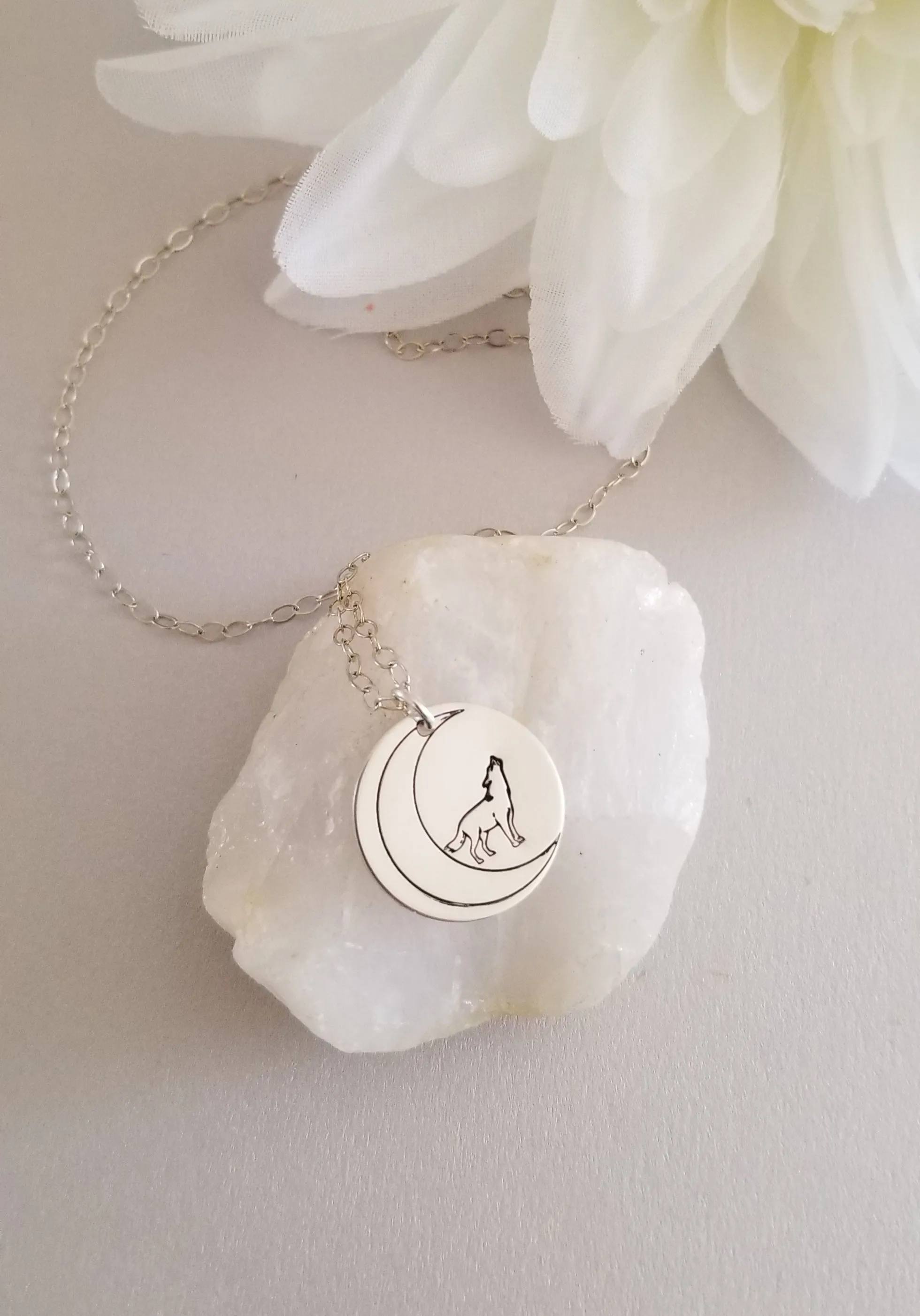 Sterling Silver Wolf Pendant Necklace, Howling Wolf at the Moon Coin Necklace