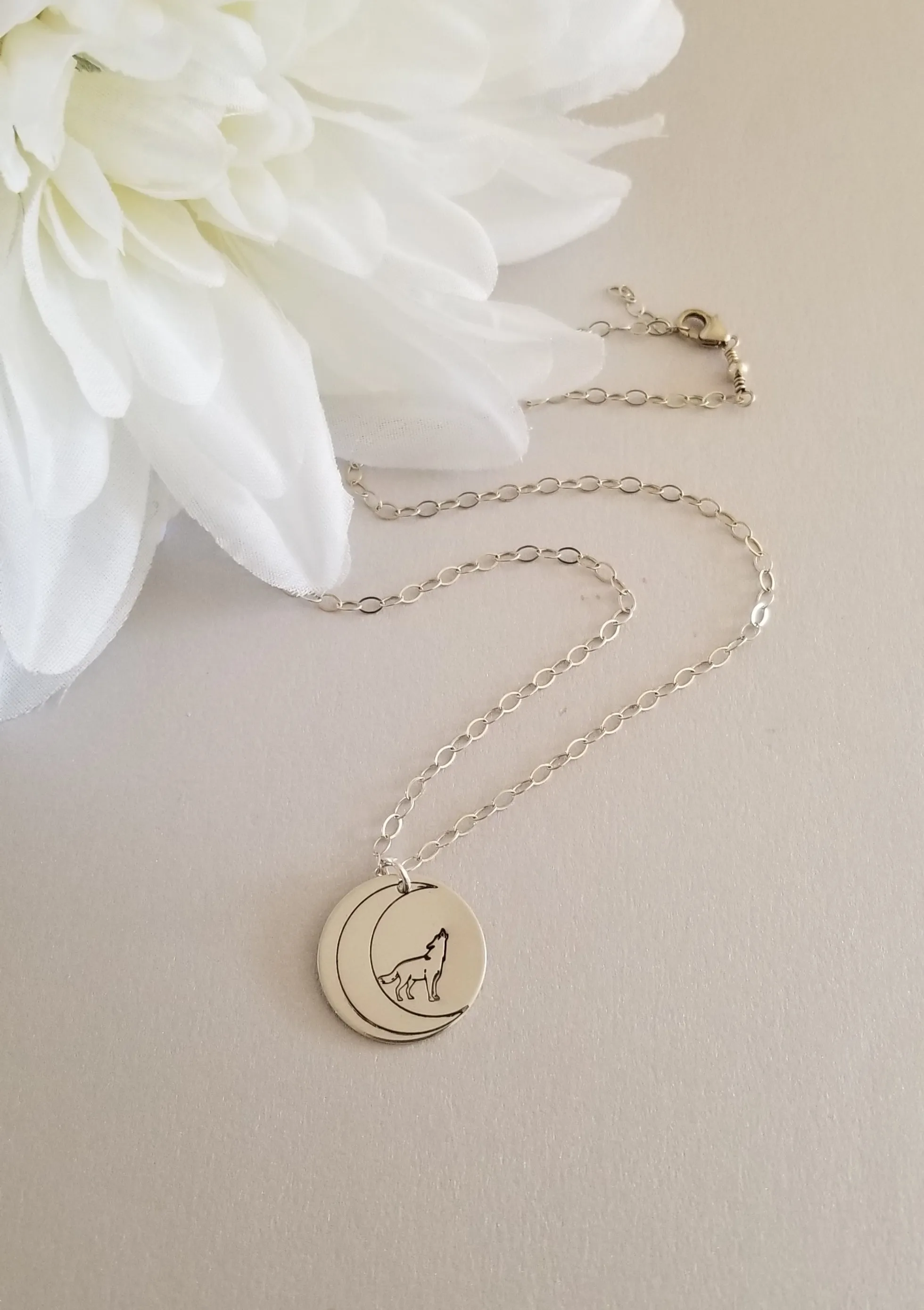 Sterling Silver Wolf Pendant Necklace, Howling Wolf at the Moon Coin Necklace