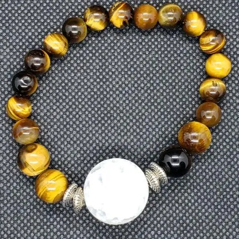 Tigers Eye Gemstone  Handmade Stretch Band With Frosted Crackled Quartz Center