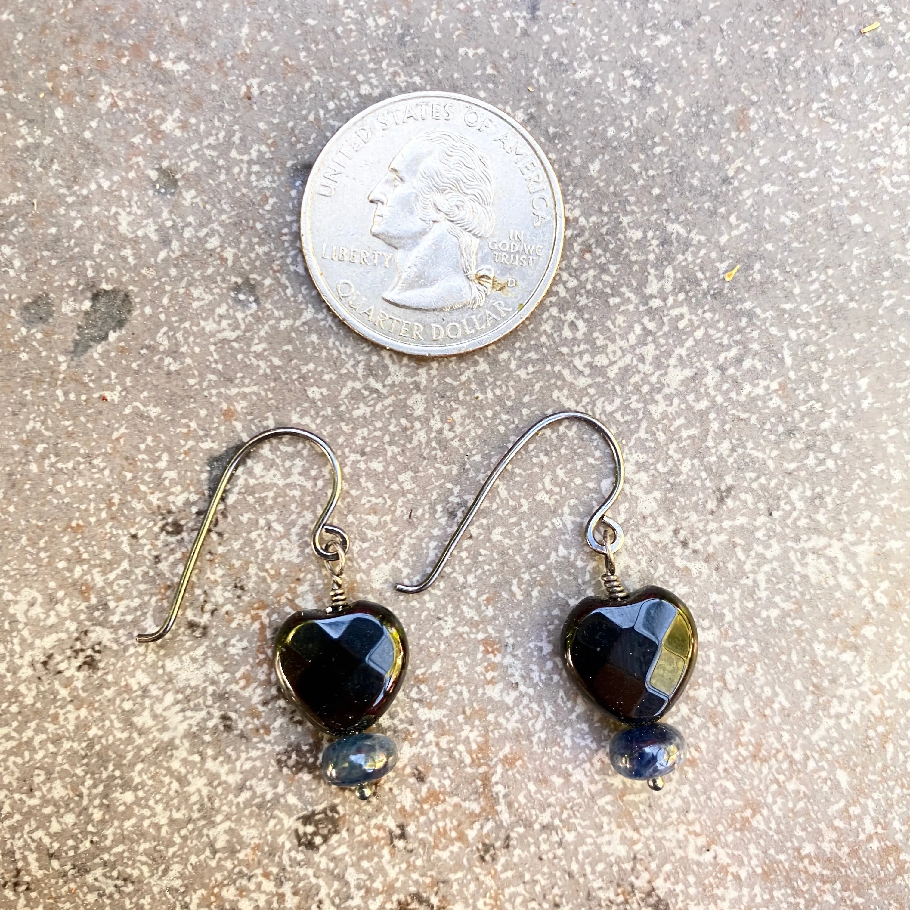 Tiny Faceted Onyx Gemstone Hearts and Precious Sapphire earrings
