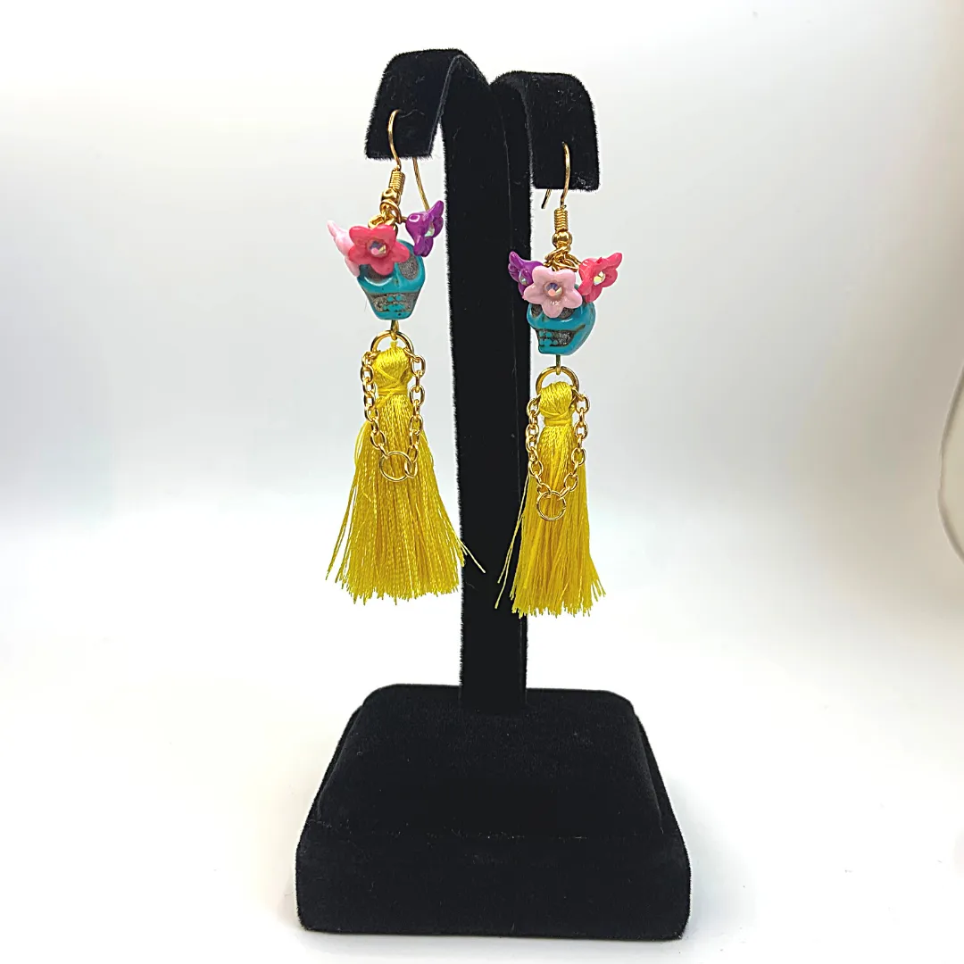 Triple Flower Lady Tassel Handmade Skeleton Skull Earrings