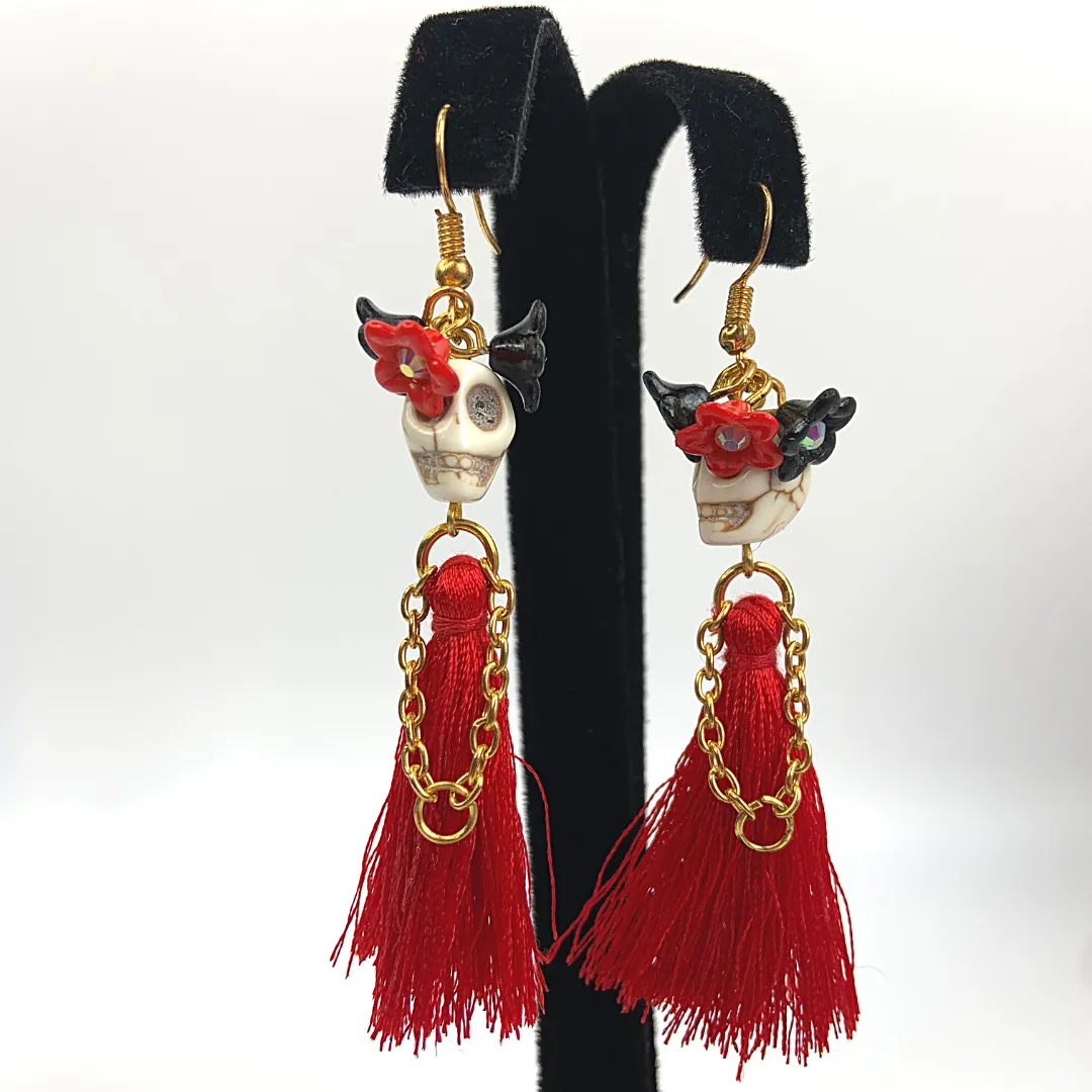 Triple Flower Lady Tassel Handmade Skeleton Skull Earrings