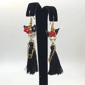 Triple Flower Lady Tassel Handmade Skeleton Skull Earrings