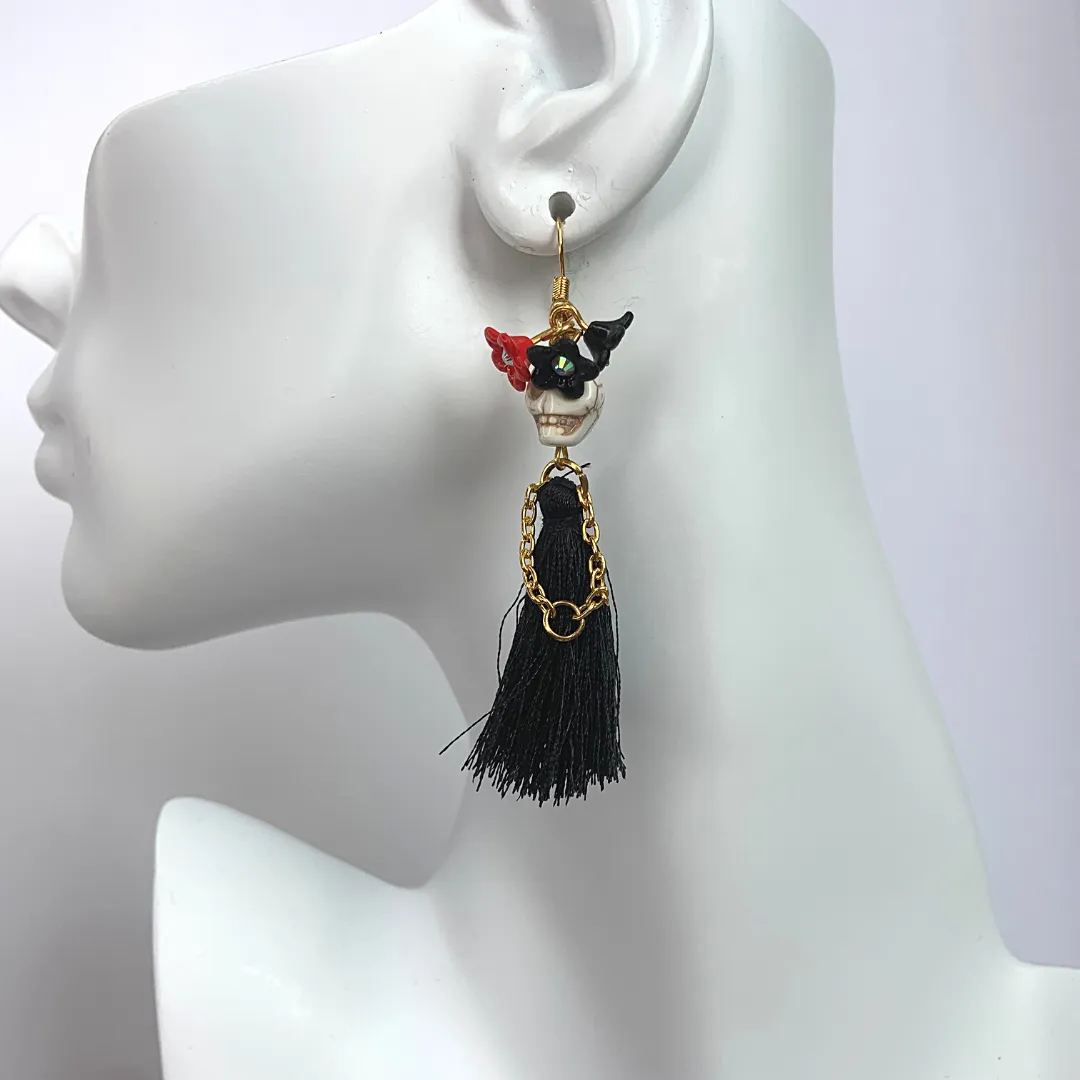Triple Flower Lady Tassel Handmade Skeleton Skull Earrings