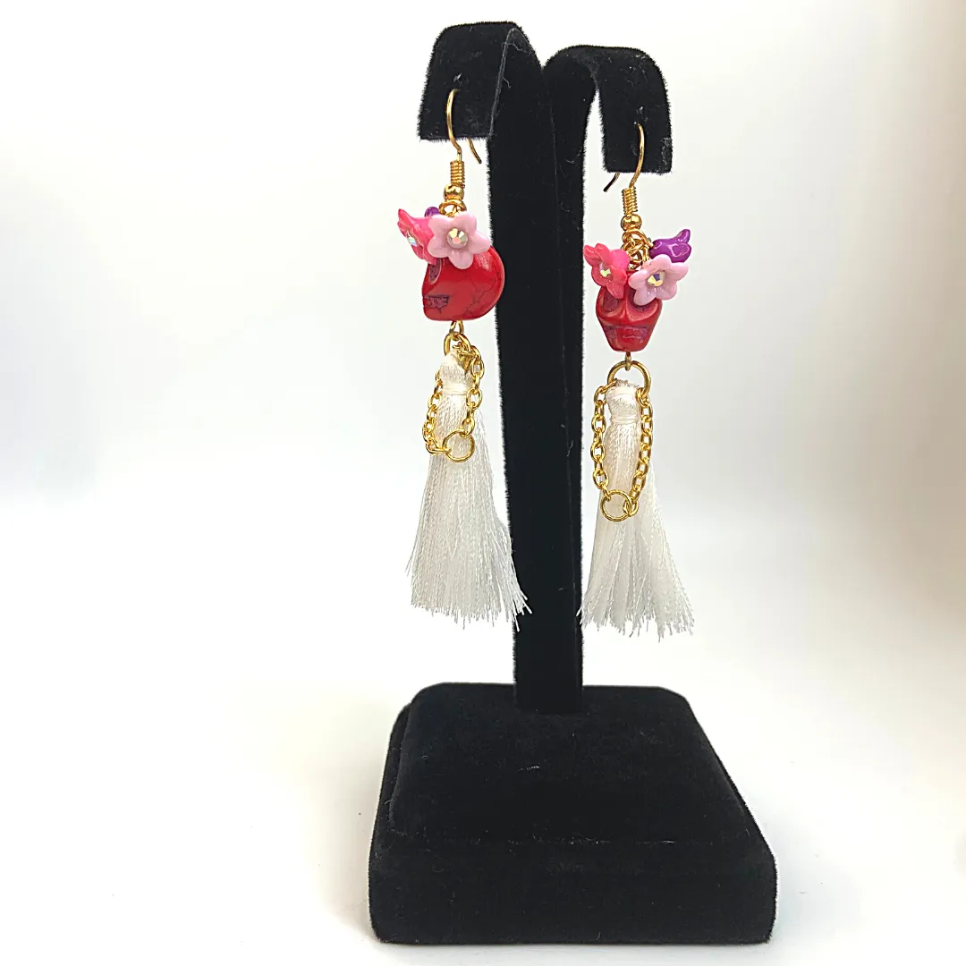 Triple Flower Lady Tassel Handmade Skeleton Skull Earrings