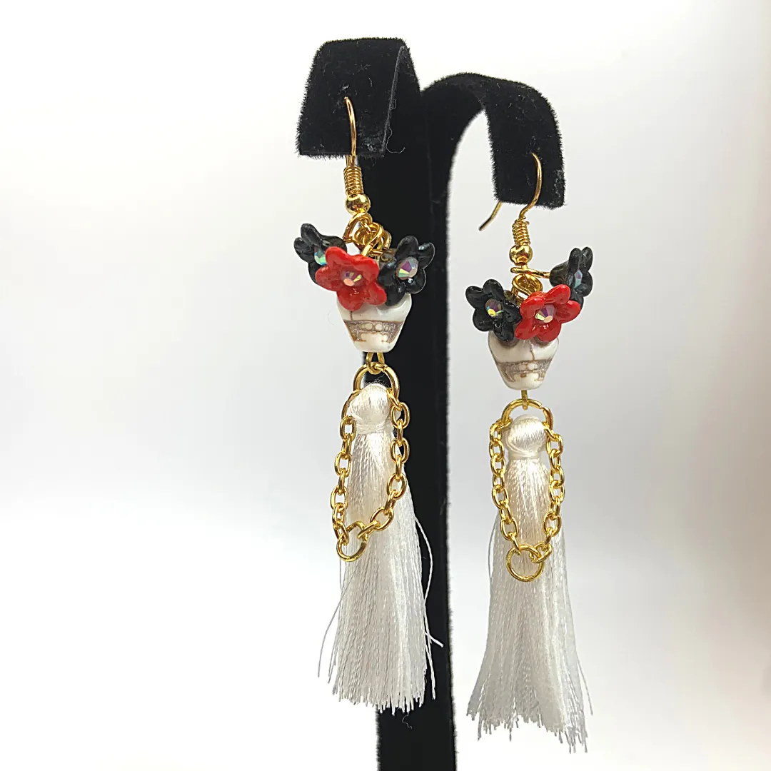Triple Flower Lady Tassel Handmade Skeleton Skull Earrings