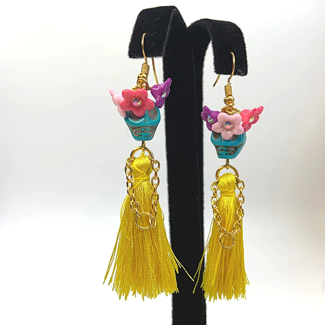 Triple Flower Lady Tassel Handmade Skeleton Skull Earrings