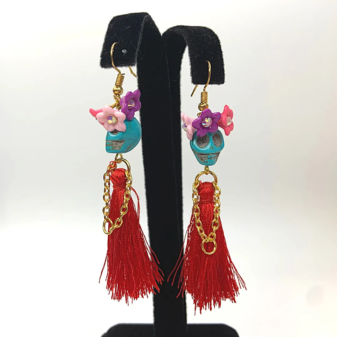 Triple Flower Lady Tassel Handmade Skeleton Skull Earrings