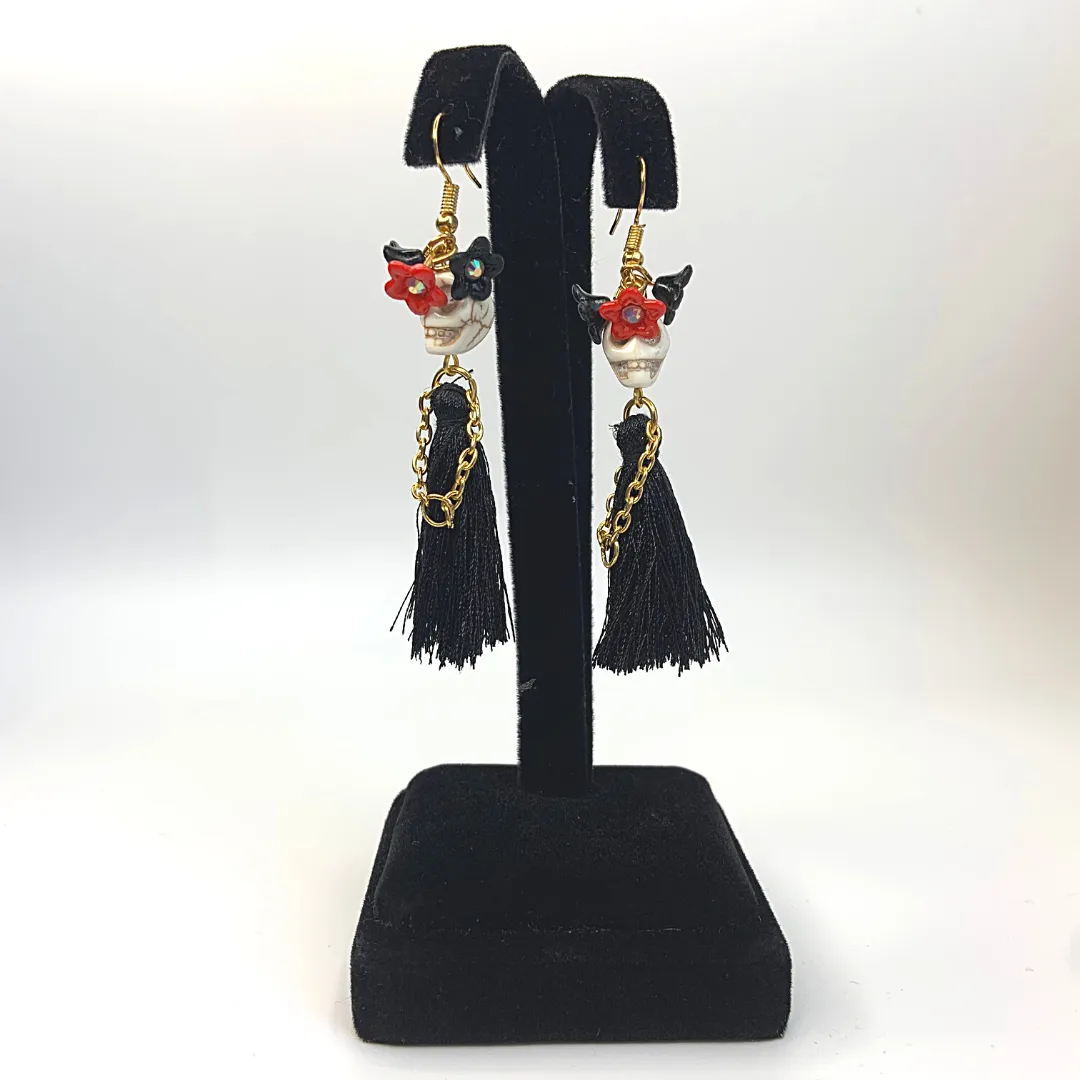 Triple Flower Lady Tassel Handmade Skeleton Skull Earrings