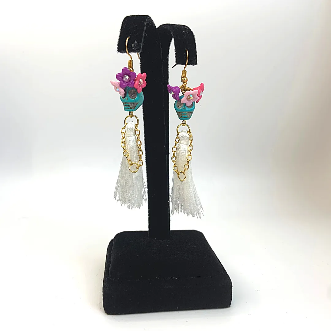 Triple Flower Lady Tassel Handmade Skeleton Skull Earrings