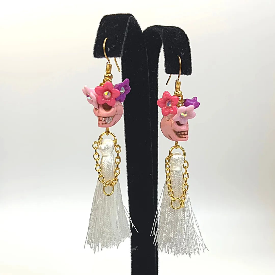 Triple Flower Lady Tassel Handmade Skeleton Skull Earrings