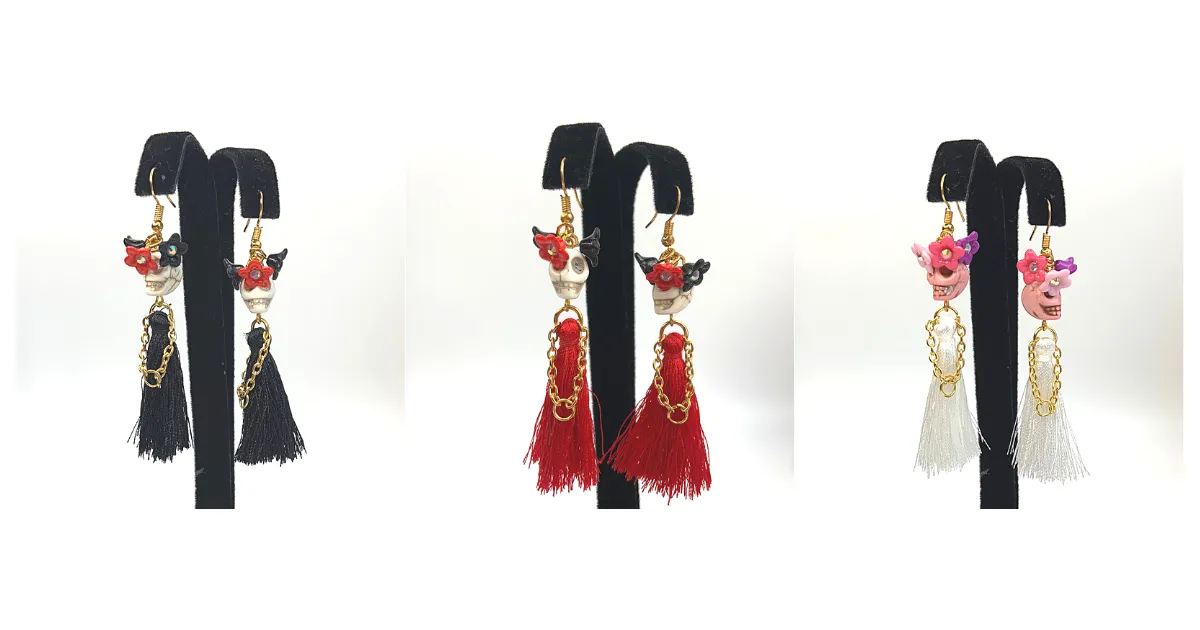 Triple Flower Lady Tassel Handmade Skeleton Skull Earrings