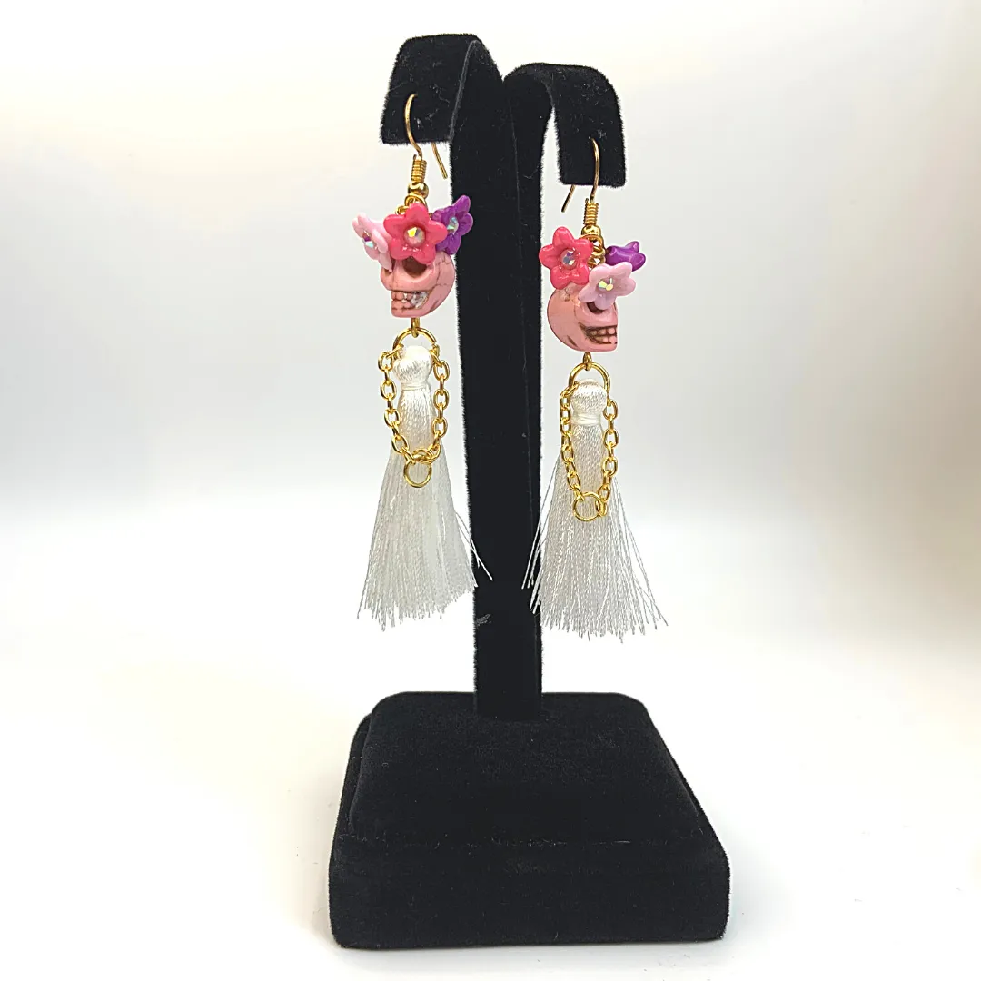 Triple Flower Lady Tassel Handmade Skeleton Skull Earrings