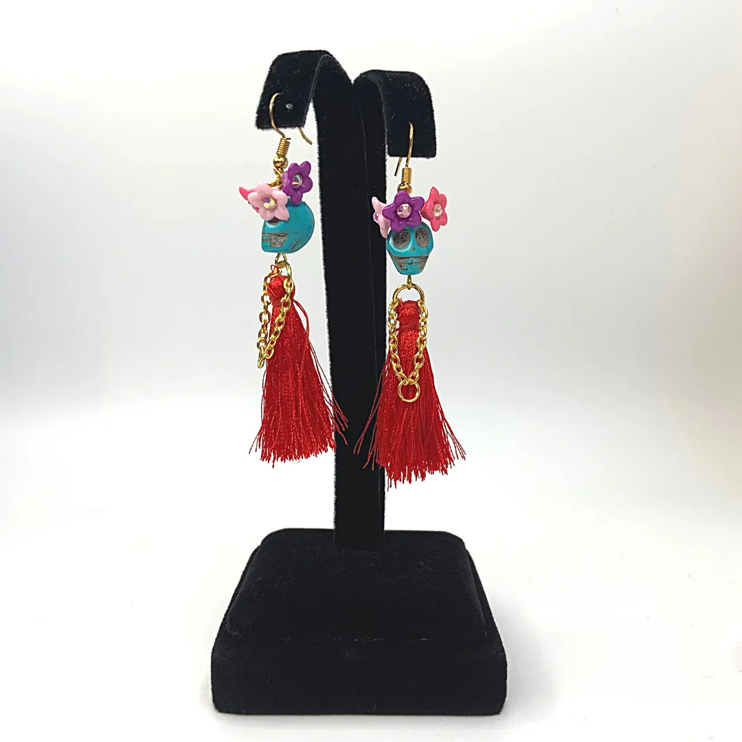Triple Flower Lady Tassel Handmade Skeleton Skull Earrings