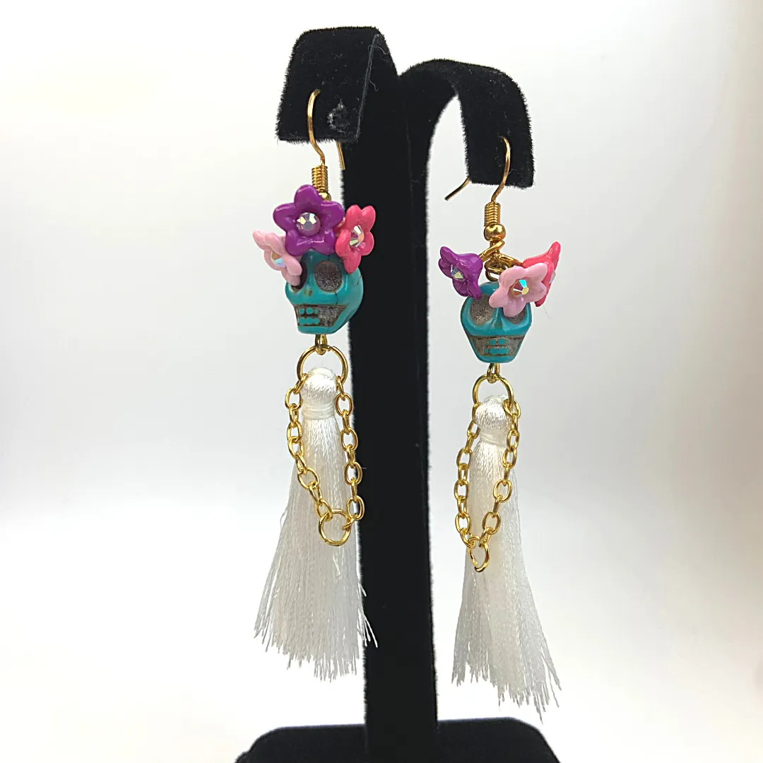 Triple Flower Lady Tassel Handmade Skeleton Skull Earrings