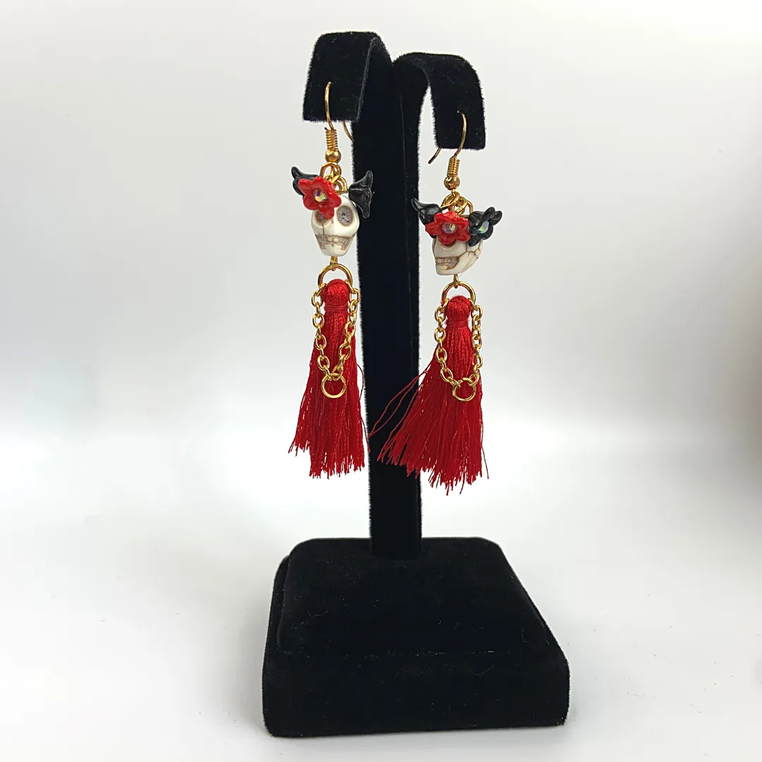 Triple Flower Lady Tassel Handmade Skeleton Skull Earrings