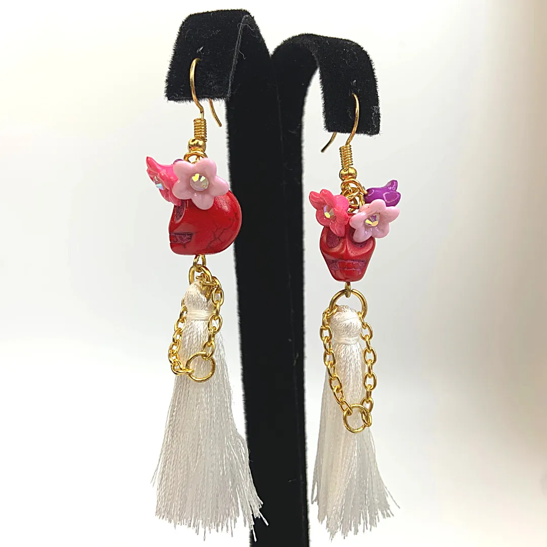 Triple Flower Lady Tassel Handmade Skeleton Skull Earrings