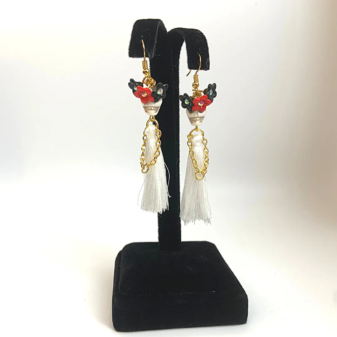 Triple Flower Lady Tassel Handmade Skeleton Skull Earrings