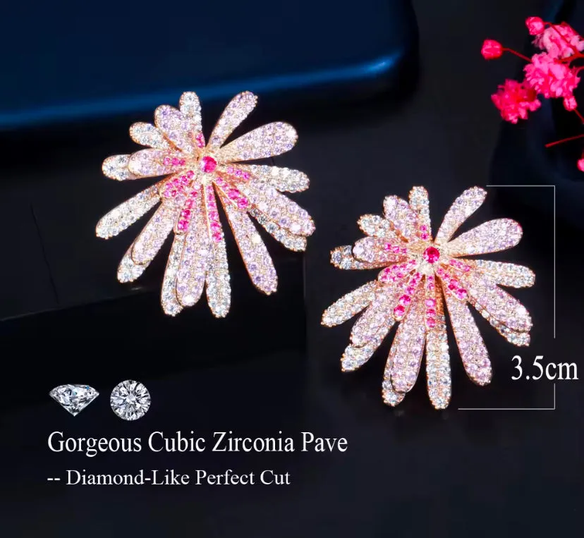Unique Luxurious Red Pink Floral Design Micro Cubic Zirconia Earrings