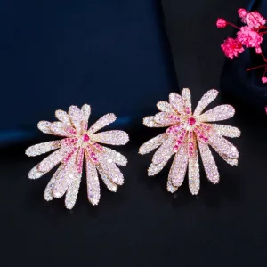 Unique Luxurious Red Pink Floral Design Micro Cubic Zirconia Earrings