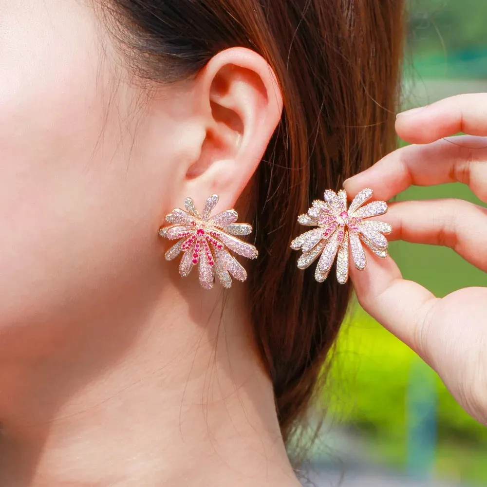 Unique Luxurious Red Pink Floral Design Micro Cubic Zirconia Earrings