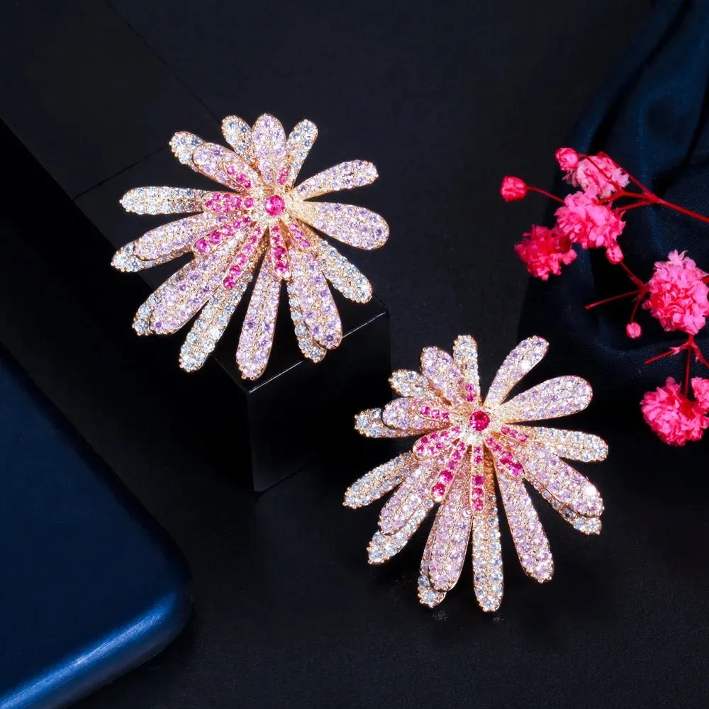 Unique Luxurious Red Pink Floral Design Micro Cubic Zirconia Earrings