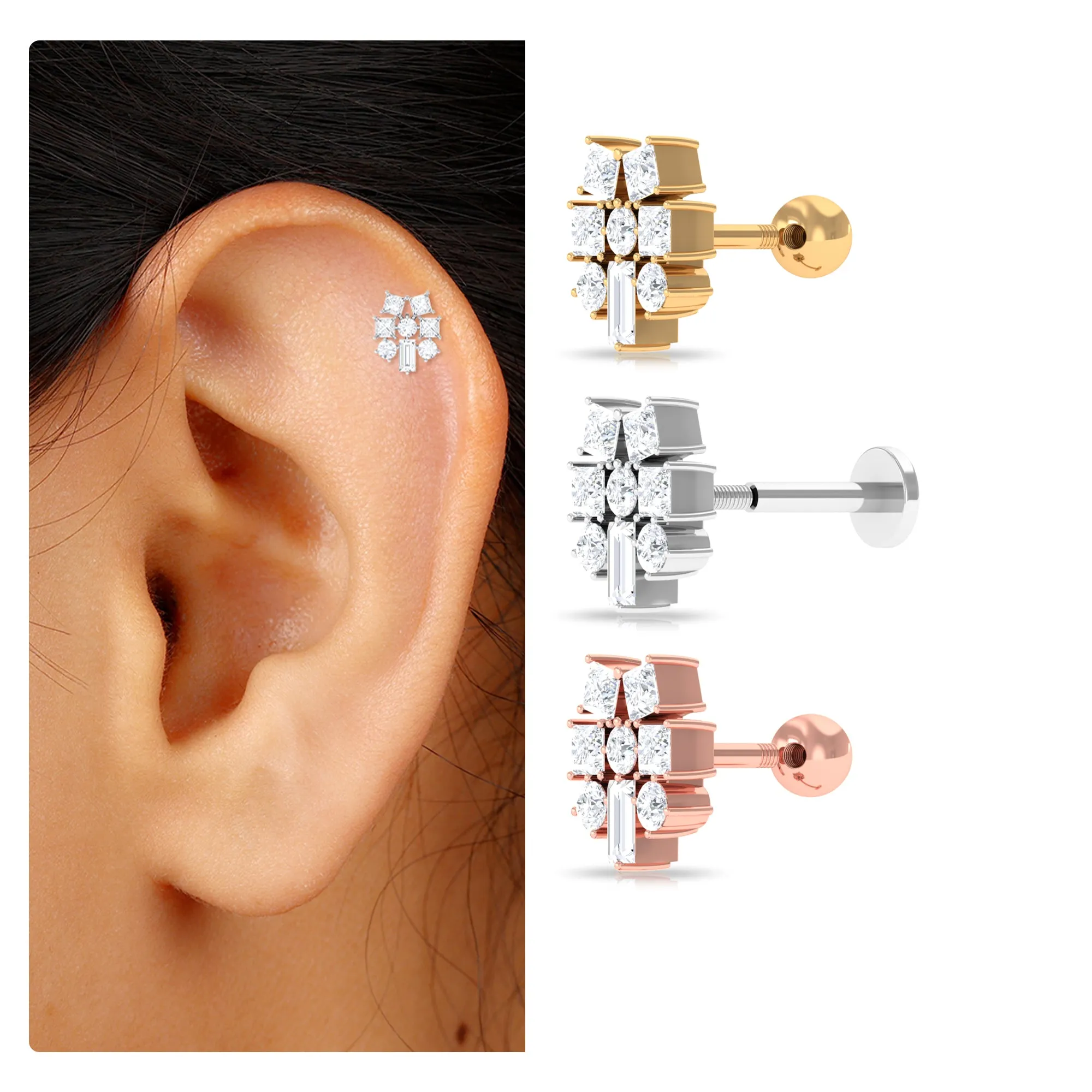Unique Moissanite Cluster Earring for Upper Lobe Piercing