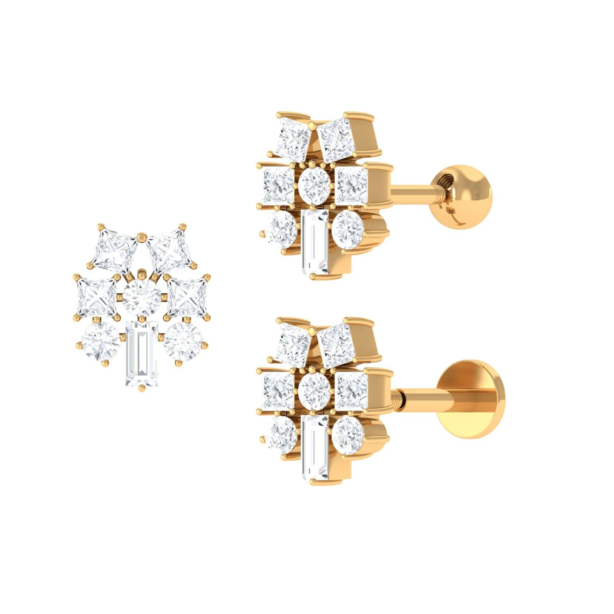 Unique Moissanite Cluster Earring for Upper Lobe Piercing
