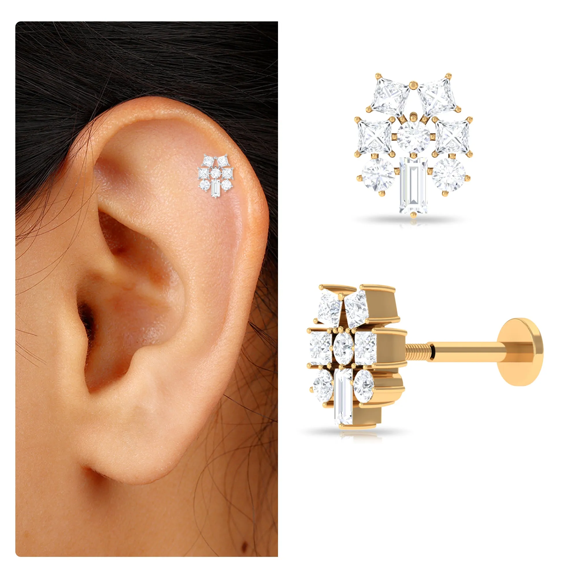 Unique Moissanite Cluster Earring for Upper Lobe Piercing