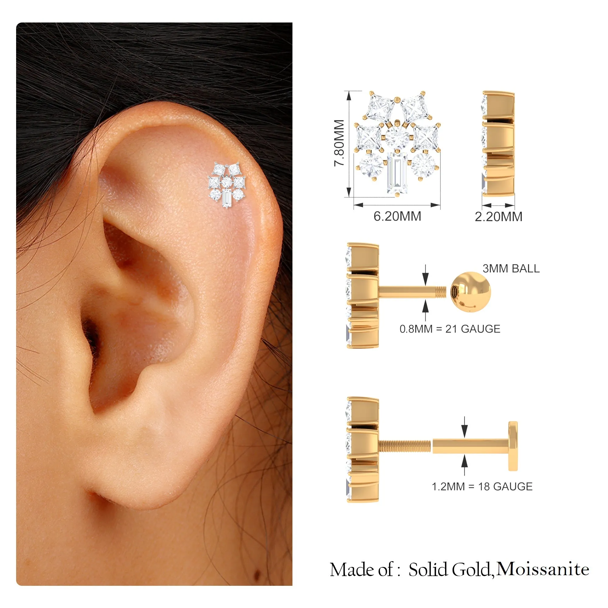 Unique Moissanite Cluster Earring for Upper Lobe Piercing